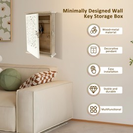 NIHUIFDPY Key Cabinet Wall Mounted with 6 Key Hooks, Decorative Hollow Design Key Box, Vintage Wood Metal Key Holder, Minimalist Wall Key Safe Cupboard for Home Office Entryway