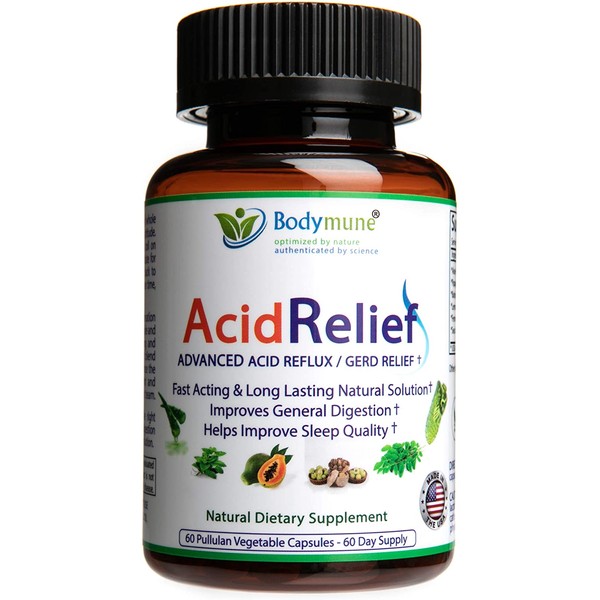 Natural Acid Relief | Antacids | Acid Reflux Relief | Heartburn | Acid Indigestion | GERD Relief by Bodymune | Upset Stomach Relief | Vegan Non GMO Gluten Free Synergistic Blend | 60 Capsules
