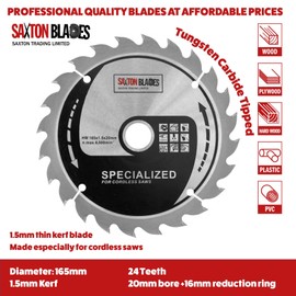 Saxton TCT16524T 165mm x 24t TCT Thin Kerf Cordless Circular Saw Blade Compatible with Dewalt Makita