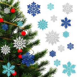 JULMELON 40 PCS Snowflake Ornaments for Christmas Tree, Blue Silver Plastic Glitter Snowflakes Decorations, Xmas Holiday Snowflakes, Winter Wonderland Party Snowflakes Ornaments for Tree