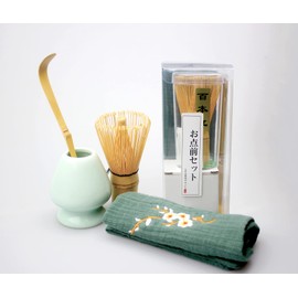 Tea Ceremony Set with Tea Whisk, Tea Scoop, Tea Strainer, Tea Cloth, Matcha Frothing Tool Set, 4-Piece Set with Green Tea Cloth