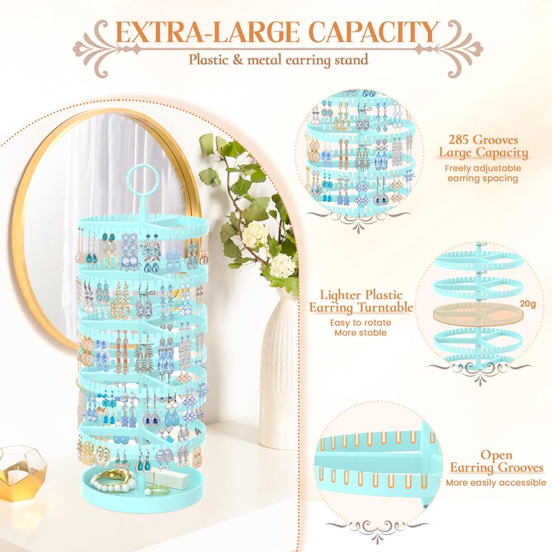 iDavosic.ly 5 Tier Rotating Earring Holder Organizer with Metal Tray,