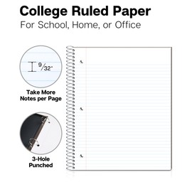 Dunwell College Ruled Spiral Notebook (Black), 1 Subject Notebook 8.5 x 11 for School, Plastic Cover, Pocket Divider, 100 Sheets (200 Pages), 3-Hole Punched Perforated 8 1/2 x 11 Paper