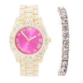Charles Raymond Women's Big Rocks Bezel Colored Dial with Roman Numerals Fully Iced Out Watch and Matching Beautiful Sparkling Tennis Bracelet Set - ST10327LA (TLA Gold - Hot Pink)