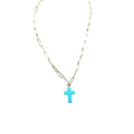 Turquoise Cross Necklace Gold Paperclip Chain Jewelry Faith Gift For Her Dainty