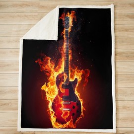 Blanket Guitar Fleece Sherpa Blanket for Bed Couch Chair Ultra Soft Rock Music Themed Throw Blanket Musical Pattern Fuzzy Blanket Comfort Fire Black Room Decor Reversible Throw 50"x60"