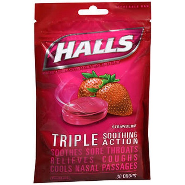 Halls Strawberry Flavor Menthol Drops, 30 Each (Pack of 3)