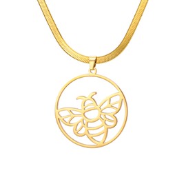 LIKGREAT Honey Bee Necklace for Women Stainless Steel Spring Bee Pendant Necklace Simple Round Jewellery Adjustable Chain, Stainless Steel, No Gemstone