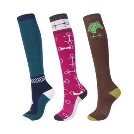 Harrison Howard 3 Pairs Premium Quality Equestrian Riding Socks for Horse Riding &Tall Boot Knee High Socks for Women, Coffee Horse/Rose Bit/Royal Horsery, One Size