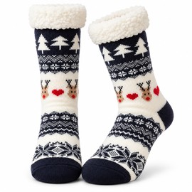 Women's Fuzzy Slipper Socks – Thick Plush Winter Socks with Navy Blue Deer Pattern for Indoor Comfort and Christmas Gifting