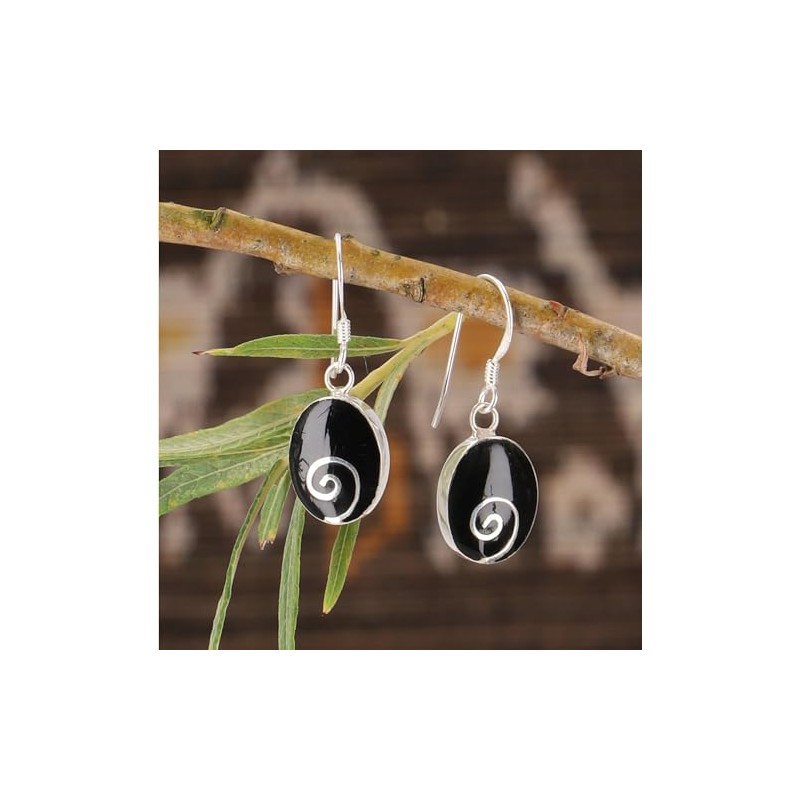 GURU SHOP Red Oval Ethnic Silver Spiral Earrings