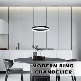 Mccokaige 12" Black Led Ring Chandelier Ring Modern Led Chandelier Modern Pendant Lights Adjustable Height Light Contemporary Light Fixture for Kitchen Island Bedroom Kitchen Island Dining Room