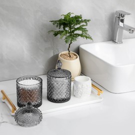 rejomiik Qtip Holder Glass Apothecary Jars with Lid for Bathroom Canisters Dispenser Decor, Storage Organizer for Cotton Swab, Cotton Ball, Grey