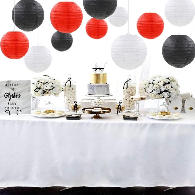 12pcs Black Red White Paper Lanterns,Round Hanging Paper Lampshade,Birthday,Baby Shower,Wedding,Party,Ceiling