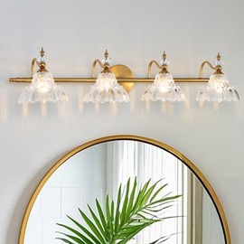 LOUSACE 4-Light Gold Vintage Bathroom Vanity Lights, Antique Brass Bathroom Lighting Fixture Over Mirror with Crystal Glass Shade, Retro Brass Vanity Lighting Fixtures Wall Sconce for Bathroom Bedroom