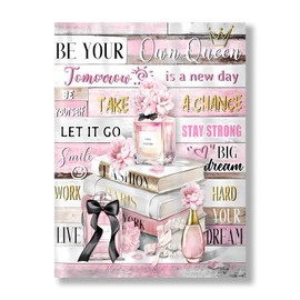 Pink Floral & Perfume Canvas Wall Art 12x16 Inch - Girly Inspirational Quotes Vintage Style Wall Decor for Bedroom, Bathroom, Home Office, Girls Room Aesthetic