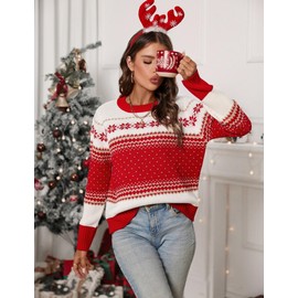 Libsorge Womens Cute Ugly Christmas Sweater Fall Winter 2024 Oversized Casual Crewneck Striped Color Block Snow Long Sleeve Pullover Top Red and White S