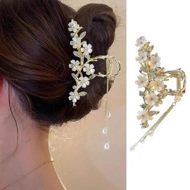 Mdscve Jasmine Flower Claw Clip With Rhinestones Pearl Tassel Design - Metal Gold-1
