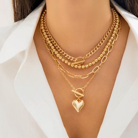VRNGI Chunky Gold Necklace Stack for Women Layered Necklaces for Women Chunky Necklace Paperclip Chain Cross Beaded Ball OT Toggle Heart Pendant Necklace Chunky Gold Jewelry Set