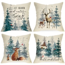 Ussap Winter Wonderland Decorative Throw Pillow Covers 20x20 Set of 4, Snowy Forest Cardinal Red Bird Deer Fox Rabbit Cushion Case Decor, Farmhouse Christmas Holiday Seasonal Home Decor for Couch PC