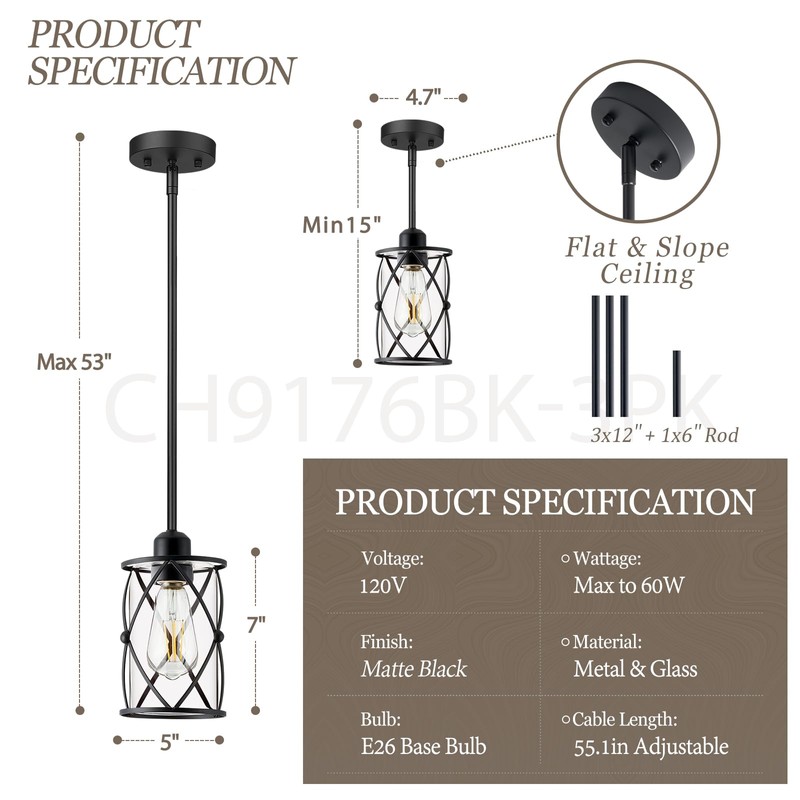 Osimir Glass Pendant Lights Kitchen Island 3 Pack, Black Kitchen