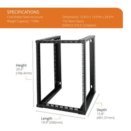 Tecmojo 15U Wall Mount Rack, Wall Mount Network Rack 15.8in Depth, Open Frame Server Rack for 19in IT/AV/Data/Home Equipment, Black