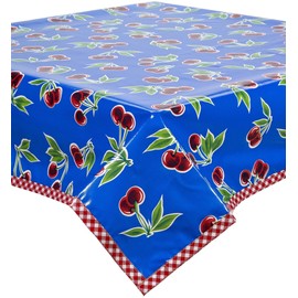 Freckled Sage Cherry Blue Oilcloth Tablecloth with Red Gingham Trim You Pick The Size
