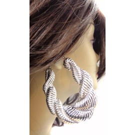 Unbranded LARGE PUFFED ROPE HOOP EARRINGS SILVER TONE OLD SCHOOL HOOPS 3.25 IN L 2.75 IN W