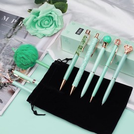 WEMATE 8Pcs Green Ballpoint Pens Set Pen Bling for Women,Girly Pens,Black & Blue Ink Ball Point Pen Gifts for Wedding Bridesmaid Office Green