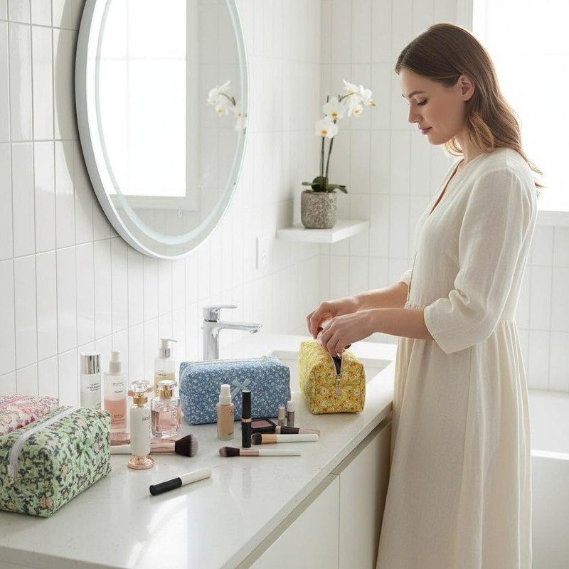 Cute Floral Cotton Makeup Brush Cosmetic Bag for Women, Travel