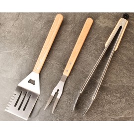 HONSHEN 3 Piece Barbecue Tool Sets,Heavy Duty Stainless Steel and Wooden Handles BBQ Tool Sets,Grill Accessories,Grilling Spatula,Fork,Tongs for Outdoor Grill Cooking (Large BBQ Tools Set-3P)