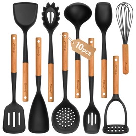 Silicone Cooking Utensils Set, 10Pcs Nonstick Kitchen Utensil Set with Wooden Handle, Heat Resistant Silicone Utensils for Cooking, BPA Free Spatula Set with Turners Spoon Ladle Skimmer(Black)