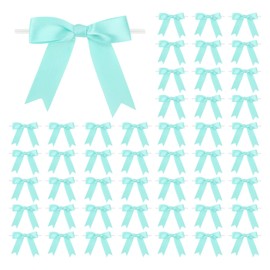 Meseey 50 Pcs 3 Inches Twist Tie Satin Ribbon Bows Aqua Pretied Premade Craft Bows for Treat Bags Gift Wrapping Basket Wedding Baby Shower Brithday Christmas Party (3", aqua)