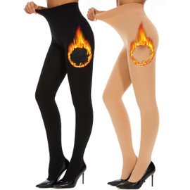 DUCMODA Women Soft Fleece Lined Opaque Tights, Winter Warm Thermal Pantyhose for Women, Women's High Wasited & High Elastic Leggings-Black+Nude-2 Pairs-L-XL