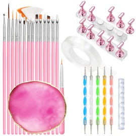 Nail Art Tools Set, 15 Pcs Nail Art Brushes, 5 Double Ended Dotting Pens, Mixing Palette, Nail Brush Holder, 10 Nail Stands & Tape for Press on Holder, Suit for Nail Tech & Beginners
