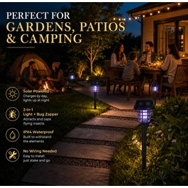 2 Piece Solar Bug Zapper Garden Lights – Outdoor Flying-Insect Lamps with Ground Stakes for Patios, Yards & Walkways