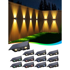Solar Fence Lights,12 Pack Solar Lights Outdoor Warm White + RGB Up & Down Solar Wall Lights Waterproof 100 Lumens Dusk to Dawn Solar Powered Fence Light for Backyard/Pool/Railing/Patio/Porch/Step