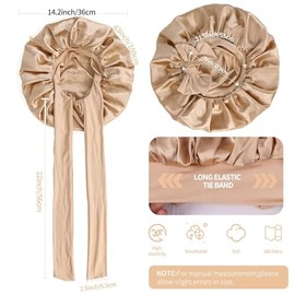 Gorro de Seda para Dormir，capó ajustable de satén，Banda Elástica Ancha，Gorro de Noche para Cabello Rizado,Ideal para Dormir,Ducha y Belleza (Beige)