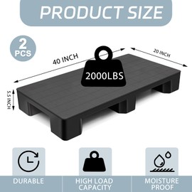 Vercraft Plastic Pallets for Basement Storage Easy to Stack Lightweight Floor Pallets Display for Flooring Room Supermarket Warehouse, Support up to 2000 Lbs,Black (40'' L X 20'' W X 5.5'' H,2 Pcs)