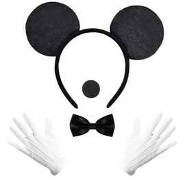 Women's Mouse Costume, Headband with Mouse Ears + Gloves + Nose + Bow Tie, for Children, Adults, Women, Birthday, Valentine's Day, Carnival, Cosplay, White / Black