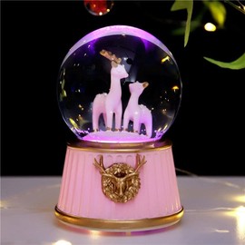 Qchomee Reindeer Music Box Musical Snow Globe Crystal Ball illuminated Musical Artware Melody Ornament Birthday Christmas New Year Gift Present Girls Kids Children Exquisite Desktop Ornament, Pink