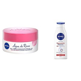 NIVEA Gel Crema Hidratante Facial Agua De Rosas (50 ml)  Crema Corporal Humectante Regeneración Intensiva (400 ml) con Dexpantenol                    