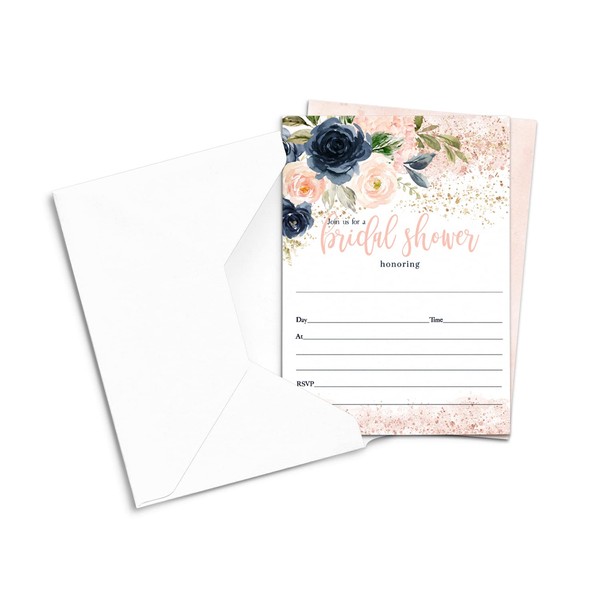 Blushing Bridal Shower Invitations with Envelopes (25 Pack) Blank Invitation for Wedding Showers, Bride Luncheon, Bubbly – Navy Blue and Pink Theme Floral – Printed Party Invite Card Set 5x7
