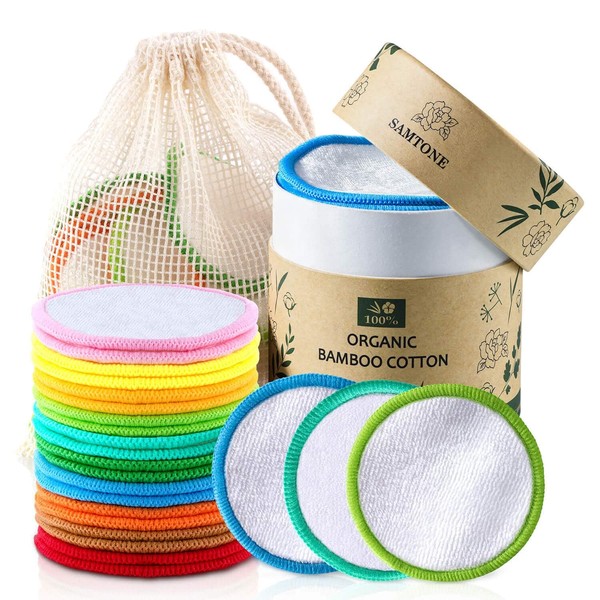 Samtone Reusable Makeup Remover Pads 20 Pack with Cotton Laundry Bag and Round Box – Organic Face Cleansing Reusable Cotton Rounds for Toner, Washable Eco-Friendly Bamboo Cotton Pads Diameter 8cm