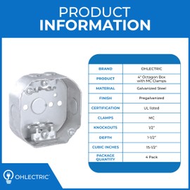 OHLECTRIC 4” Welded Octagon Steel Electrical Box| 1-1/2" Deep Box with 1/2” Knockouts and MC Clamps, Fire Rated | Ideal for Lighting Fixtures, Switches and Receptacles (4-Pack)