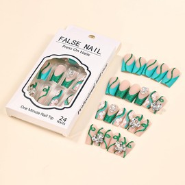 French Tip Press On Nails Fake Nails Long Coffin Square with Green Glitter Rhinestones Designs Glossy Acrylic False Nails Long Coffin Square Glue on Nails Full Cover Thick Stick on Nails for Women Girls 24Pcs BKS2627