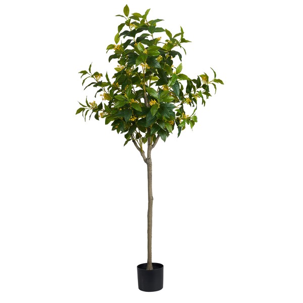 Keloteven Artificial Tree Indoor Osmanthus 5FT Tall Faux Plant Potted Silk Realistic Flowers & Leaves Fake Osmanthus Tree in Pot Artificial Plants for Home Office Room Tree Decor Housewarming Gift