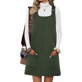 Yousify Womens Corduroy Overall Dress Square Neck A Line Jumper Mini Dresses Casual Sleeveless Rompers with Pockets