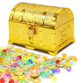Forbabe Children's Birthday Treasure Chest with Pirate Gold Coins Diamond, Treasure Chest Children's Birthday Gold Treasure Chest with Lock and Key for Storage and Decorating, Children's Gift