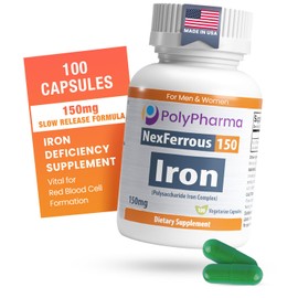 Polysaccharide Iron Complex 150mg for Anemia Support - Prevention & Treatment of Iron Deficiency, Supports Red Blood Cells Formation, Gentle on The Stomach, High Potency, USA-Made, 100 Capsules